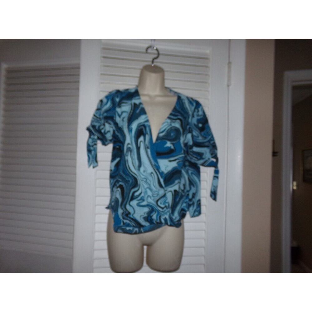 Michael Kors Blue Oasis‎ top with tie sleeves XS NWT $88 Crossover neckline